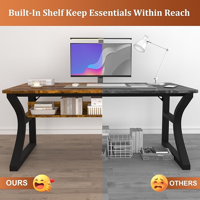 AZN Computer Desk, 55'' Computer Desk, Home Office Desks w/Storage, Home Office Desks w/U-Size Metal Frame for Home Office Bedroom, Study Writing Work Table w/Water-Resistant, Scratchproof Surface