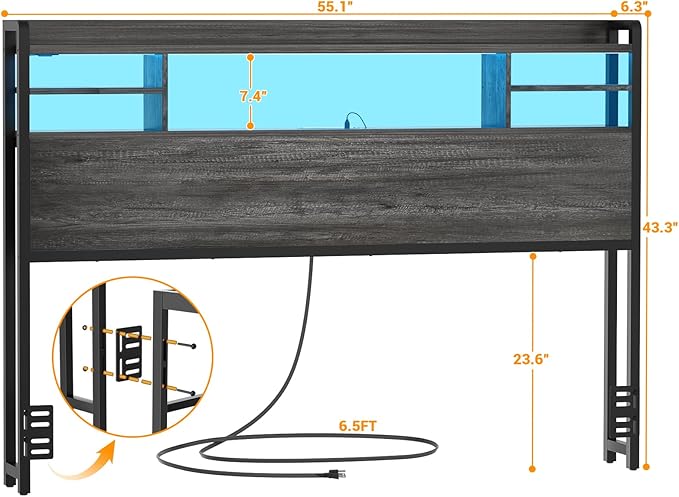 Aheaplus Headboard for Full Size Bed with Storage, Headboards with LED Light, Power Outlets, USB Ports Full Size Head Board, Wood headboard Only Sturdy and Stable Headboards, Modern, Black Oak