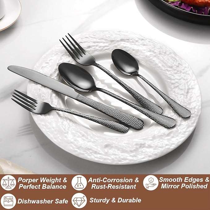 20 Pcs Black Silverware Set for 4 with Hammered Design, Food Grade Stainless Steel Flatware Set, Eating Utensils Sets Include Fork/Knife/Spoon, Cutlery Set, Dishwasher Safe