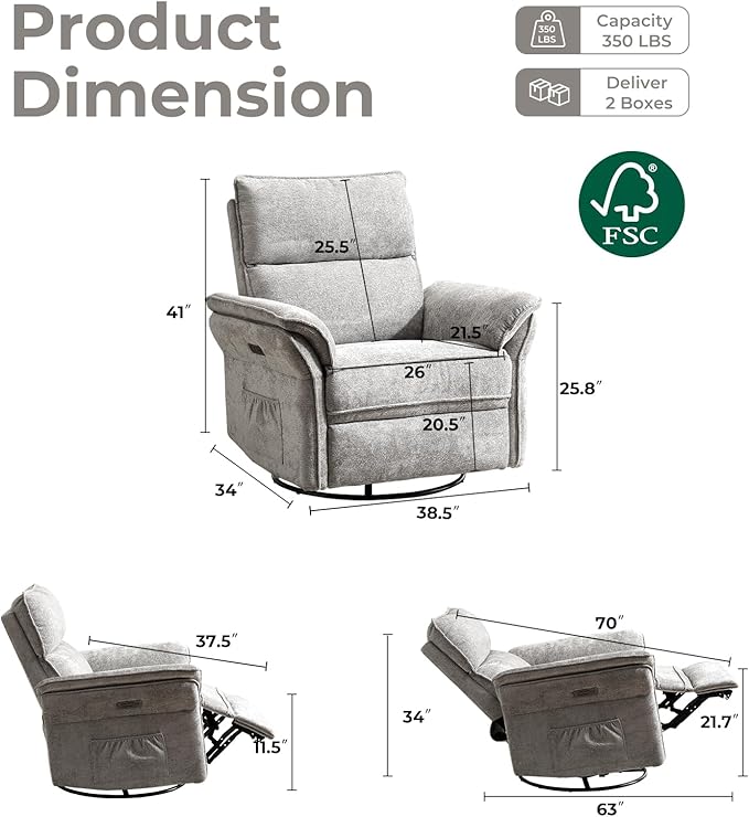 Oversized Power Recliner Chairs for Adults with Massage and Heat, Power Swivel Rocker Recliner Chair with Adjustable Headrest, 26" Extra Wide Rocker Nursery Recliner with USB Port, Light Grey