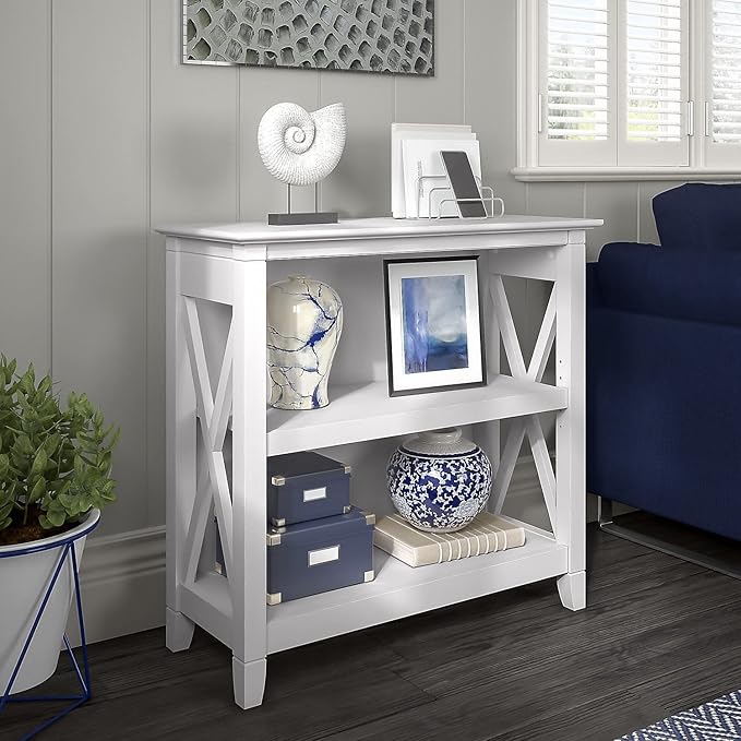 Bush Furniture Key West Small 2 Shelf Bookcase in Pure White Oak, Compact Home Organizer, Vertical Storage Solution, Bookshelf for Office or Living Room