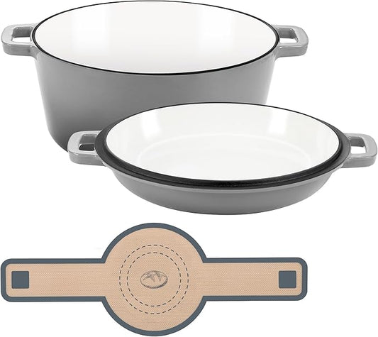 E-far 5 Quart Enameled Cast Iron Dutch Oven, 2 in 1 Dutch Oven Pot with Skillet Lid and Silicone Bread Sling, Ideal for Bread Baking, Cooking, Stewing, Frying, Induction & Oven Safe - Grey