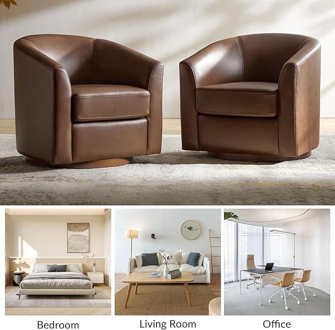 HULALA HOME Genuine Leather Swivel Accent Chairs Set of 2 with Solid Wood Base, Round Swivel Barrel Chairs for Living Room and Bedroom, Brown