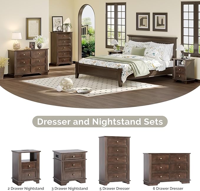 VINGLI Wood Dresser 6 Drawer, Brown Dresser for Bedroom, Vintage Dressers, Chest of Drawers for Living Room, 47.24" W*15.75D*31.5" H