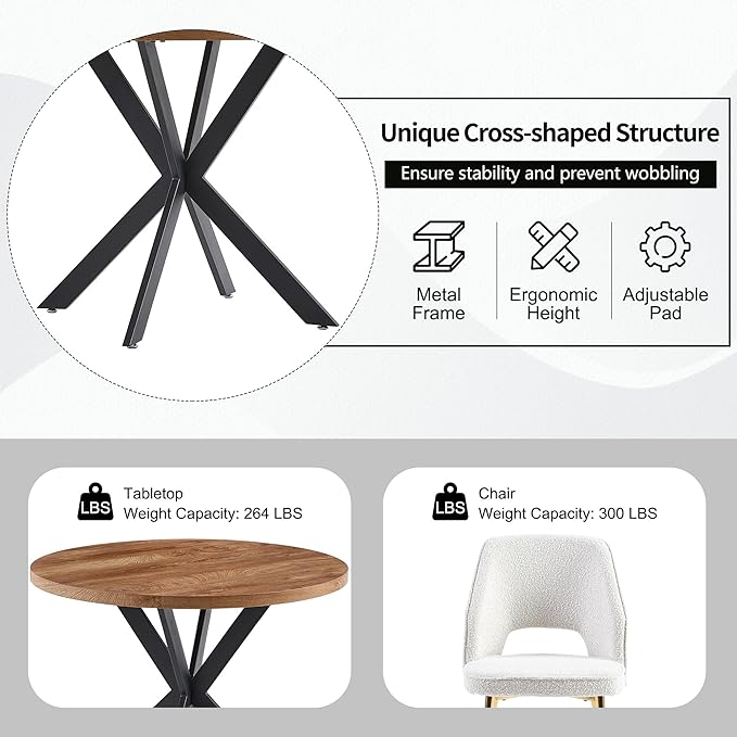 NORDICANA 5-Piece Dining Table Set for 4 - Space Saving 37-Inch Round Table and Chairs, 4 Seaters Dining Set with Upholstered Dining Chairs (Beige)