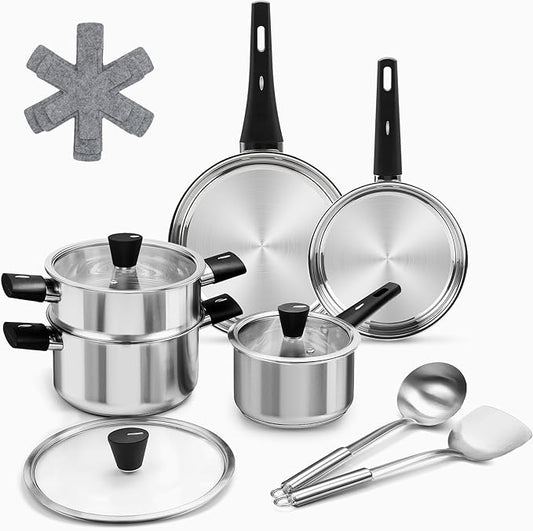 Stainless Steel Cookware Set, 14-Piece Pots and Pans Set, Kitchen Cooking Pan Set with Stay-Cool Handle, Non Toxic, Dishwasher Safe, Compatible with All Stovetops - Gas, Electric, Induction