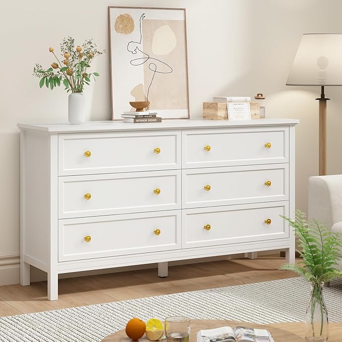 CARPETNAL White Dresser for Bedroom, 55 Inch 6 Drawer Dresser with Wide Drawer and Gold Handles, Woode Dressers & Chests of Drawers for Hallway, Entryway.