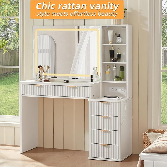 LEYAOYAO White Vanity Desk with Mirror and Lights, 43.5'' Fluted Makeup Vanity with 6 Drawers, Make Up Vanity with Wood Grain, Dressing Table with Glass Top and Power Outlet for Bedroom-Non Pure White