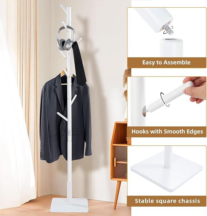 Coat Rack Freestanding with Stable Square Base for Cloathes, Hat, Used in Bedroom, Office and Entryway, Sturdy and Easy Assembly Coat Tree with 3 Adjustable Sizes and 8 Hooks, White