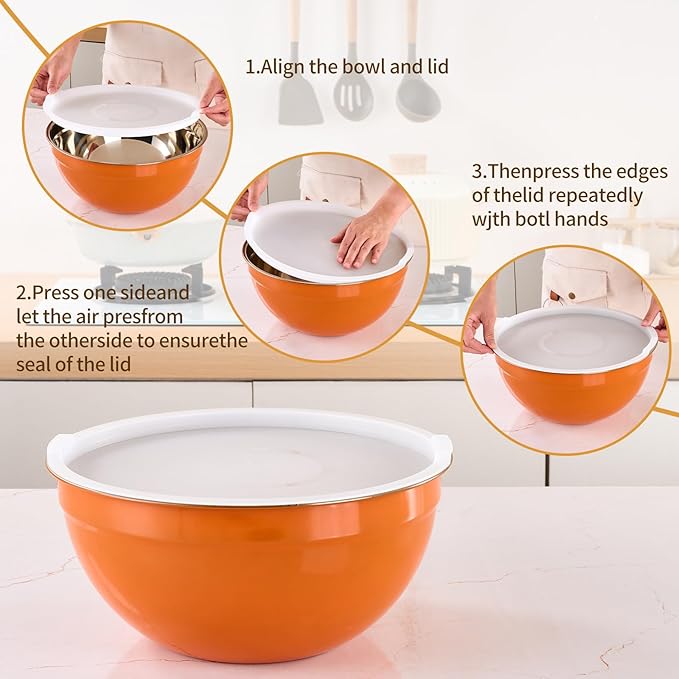 Orange Mixing Bowls with Airtight Lids, Stainless Steel Nesting Mixing Bowls Set of 7, Ideal for Baking, Prepping and Serving Food, Size 7, 3.6, 2.7, 2.1, 1.5, 1.1,0.8 QT, Stackable Design