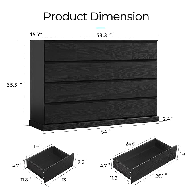 LINSY HOME 10 Drawer Dresser for Bedroom, 53" Wide Chest of Deep Drawers, Modern Farmhouse TV Stand Dressers with Storage, Large Drawer Organizer for Bedroom, Living Room, Handless Design, Black