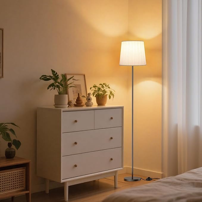 Floor Lamp with Pleated Shade - Dimmable LED Standing Lamp with Foot Switch, 3 Color Temps, 9W E26 Bulb Included, 62" Floor Reading Light for Living Room Bedroom Office Corner, Black