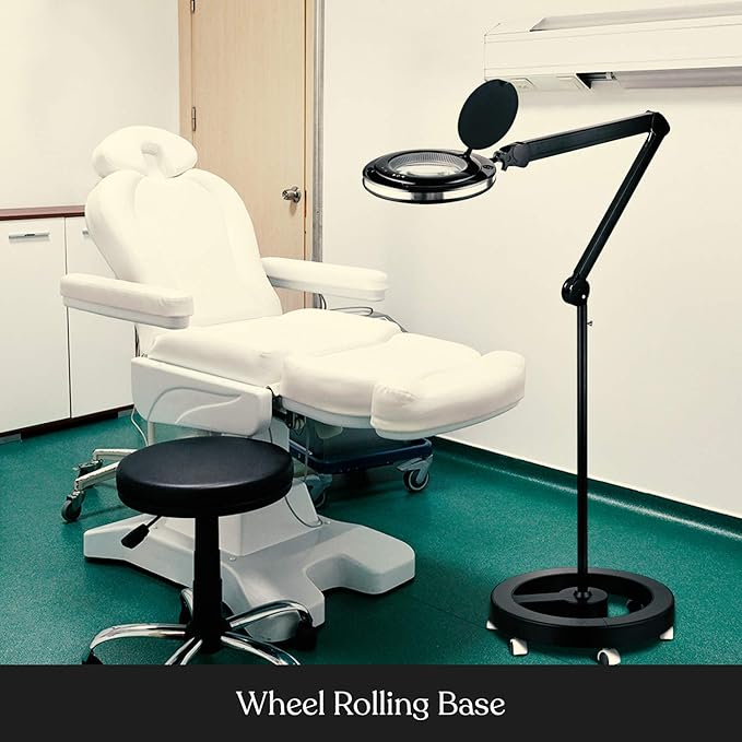 Brightech Lightview Pro Magnifying Glass with Stand & Light, Magnifying Floor Lamp with 6-Wheel Rolling Base for Facials & Lashes – Dimmable LED Work Light for Crafts, Sewing, and Projects - 3 Diopter