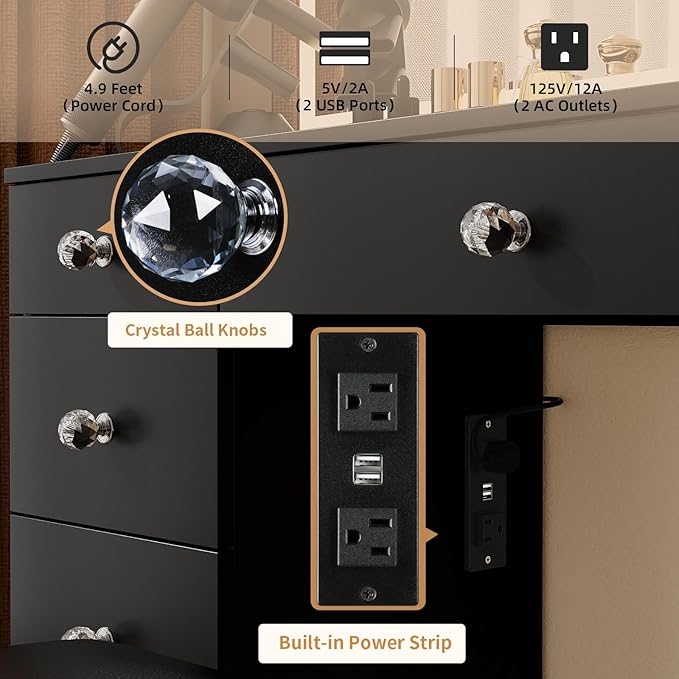 VOWNER Vanity with Lighted Mirror - 47" Glass Top Makeup Vanity Desk with 9 Drawers and Power Outlet, 3 Color Lighting Modes Adjustable Brightness, Makeup Desk with Cushioned Stool for Bedroom, Black