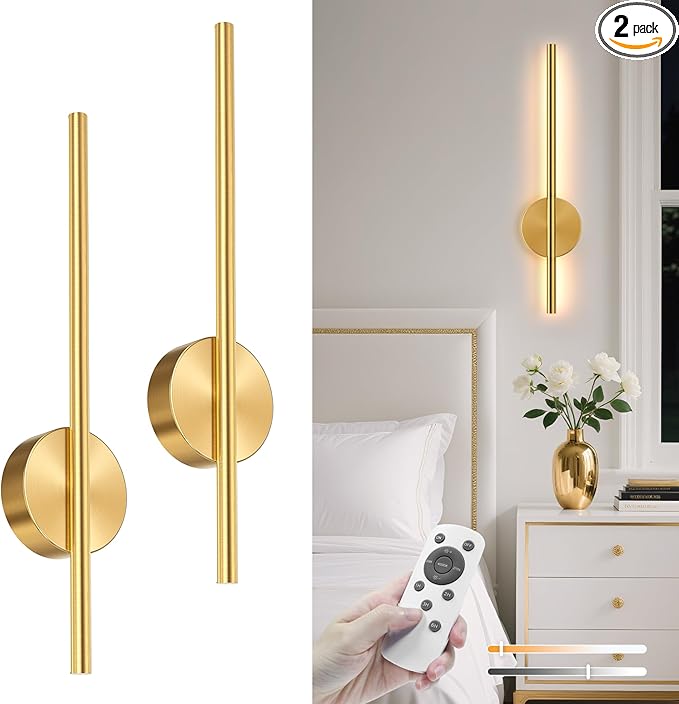 NIORSUN 15.7 Inch Battery Operated Wall Sconce Set of 2, Gold Minimalism Rechargeable Wall Lights with Remote, 3CCT Dimmable Wireless Wall Lamp for Living Room Bedroom Hallway