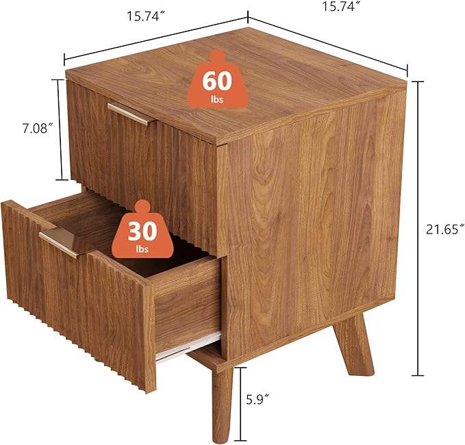 Fluted 2 Drawer Small Dresser for Bedroom, Mid Century Modern Nightstand with Drawers, Low Bedside Table with Drawers, End Table Short Storage, Living Room, Dorm -Walnut
