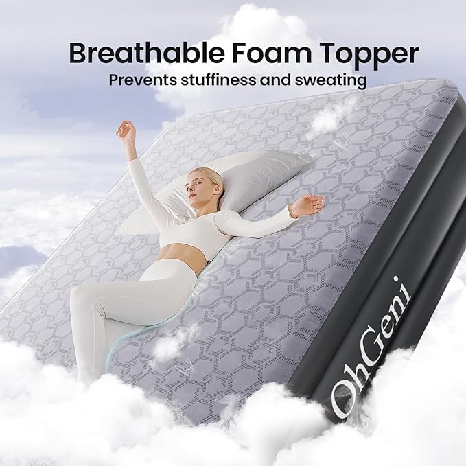 OhGeni 18" Luxury Full Air Mattress with Built-in Pump, Inflatable Bed with Silk Foam Topper for Superior Comfort, Premium Blow-Up Mattress for Home, Camping & Guests, Easy Setup, Extra Support, Black