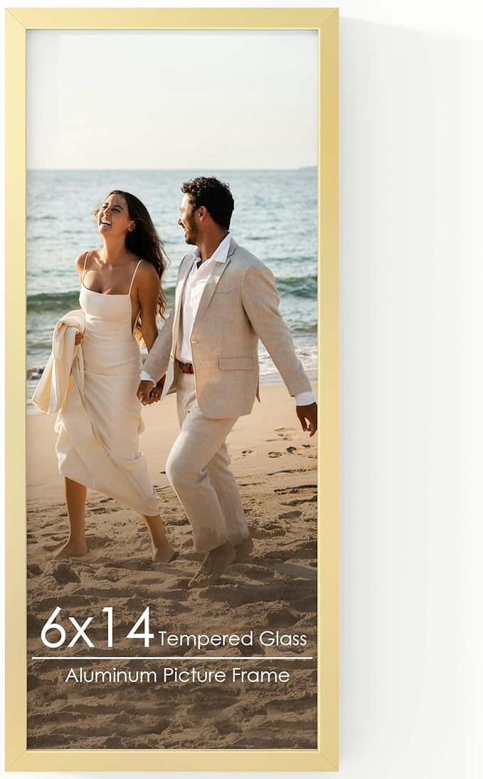 6x14 Metal Picture Frame - Gold Aluminum Picture Frames with Real Glass, Wall Mounting Horizontally or Vertically, Simple and Elegant Decor for Wall Gallery Poster Photo 14x6 Frames, Gold
