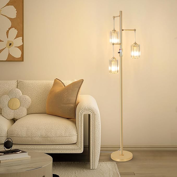 Gold Crystal Floor Lamps for Living Room, Dimmable 3 Lights Modern Standing Lamp with Crystal Shade, Dimmer Switch, 65" Industrial Tall Tree Lamp, Vintage Brass Corner Lamp for Bedroom