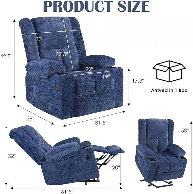 Electric Power Lift Recliner Chair,Reclining Chair with 8 Massage for Elderly,Recliner Single Sofa with 2 Cup Holders,Side Pockets,USB Charge Port,Remote Control for Living Room,Bedroom,Blue
