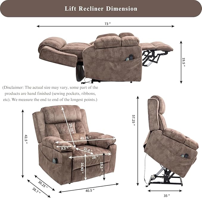 Big Man Power Lift Recliner for Elderly Adults 28 Inch Wide Seat, Lay Flat Lift Chair with Heat Massage, Flip Arm Storage Cup Holders, USB Type C Charging, 400 lbs