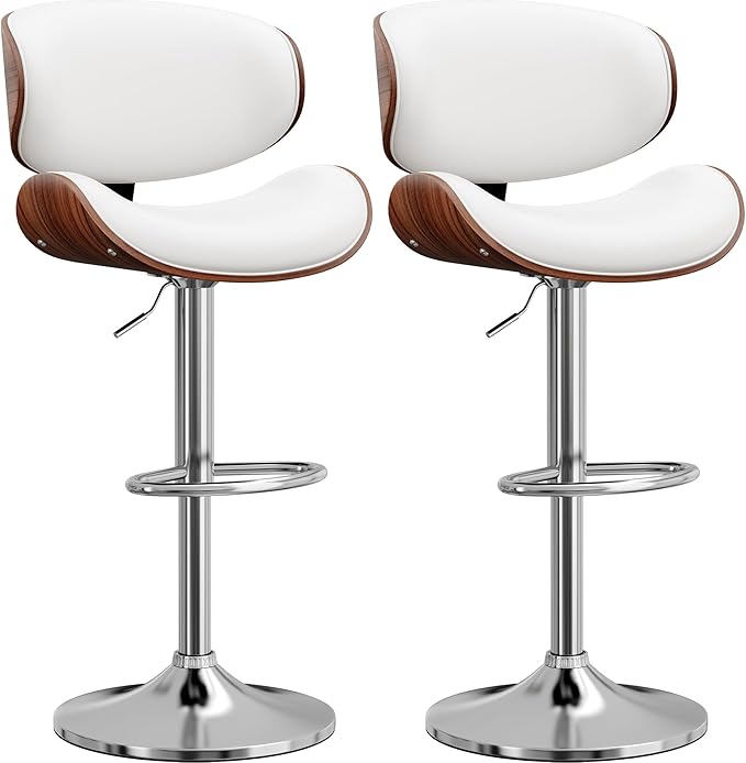 Bar Stools Set of 2, Bentwood Adjustable Height Swivel Bar Stools, PU Leather Upholstered Bar Chair with Back and Footrest for Bar, Kitchen, Dining Room, White
