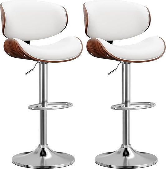 Bar Stools Set of 2, Bentwood Adjustable Height Swivel Bar Stools, PU Leather Upholstered Bar Chair with Back and Footrest for Bar, Kitchen, Dining Room, White