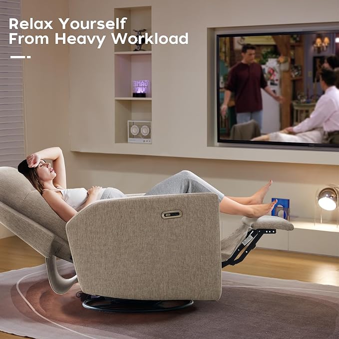 Power Nursery Rocking Chairs, 270° Oversized Swivel Rocker Recliner w/USB & Type-C Charging Port, Rotating Rocking Reclining Nursing Chair for Breastfeeding, Living Room,Bedroom,Brown