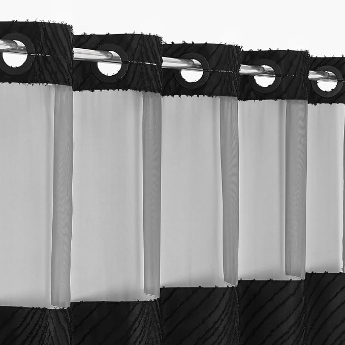 Black Long Shower Curtain 72 x 80, No Hook 80 inch Long Farmhouse Fabric Shower Curtain Set with Snap-in Liner, Hotel Style Shower Curtain with See Through Top Window