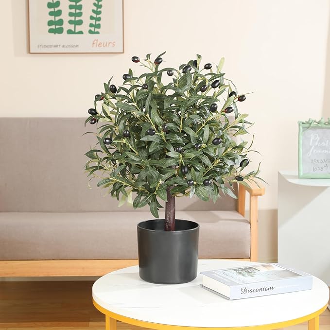 25" Tall Artificial Olive Topiary Ball Tree with Leaves and Fruits, Olive Boxwood Topiary Ball Potted Bushes UV Resistant Potted Plants for Indoor Outdoor Home Garden