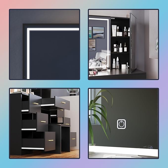 Vanity Desk with Mirror and Lights, Makeup Vanity Set with 7 Drawers & Cushioned Stool, Hidden Cabinet, Brightness Adjustable, Vanity Table for Bedroom, Dressing Room, Women,Black (Black)