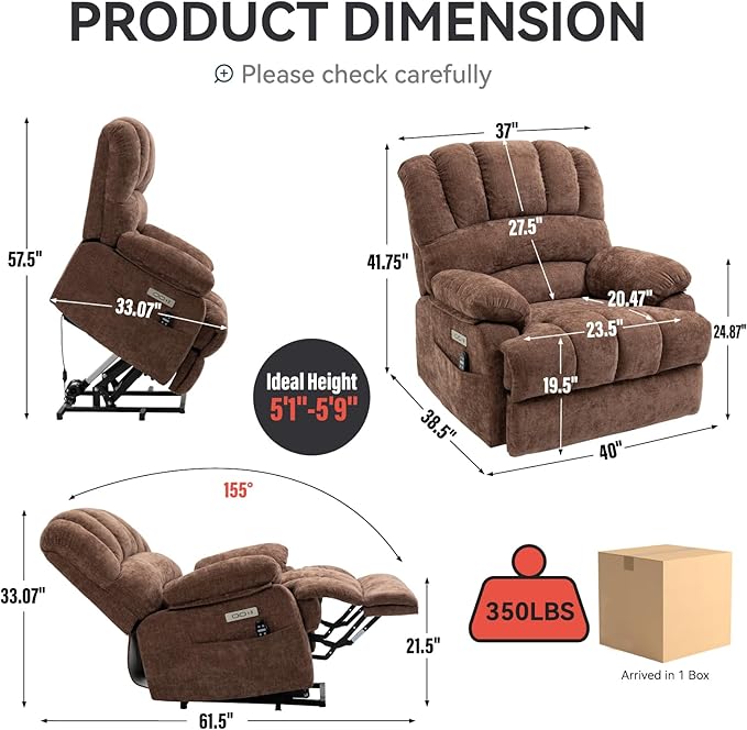 Large Power Lift Recliner Chair with Massage and Heat for Elderly, Ergonomic Backrest, Infinite Adjust, 2 Side Pockets,USB and Type-C Ports, Chenille Brown