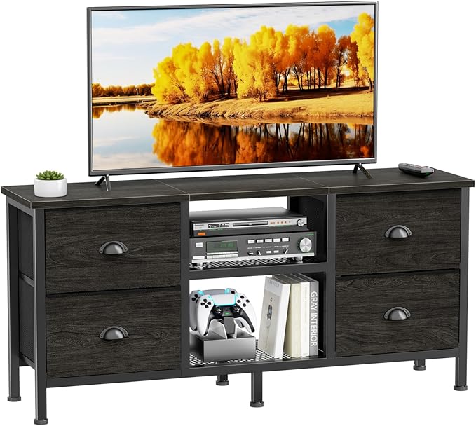 Furologee TV Stand with 4 Drawers, 43 inch Entertainment Center with Open Shelves, Media Center for 50" TV, Television Stand for Bedroom, Living Room/Light Black Oak
