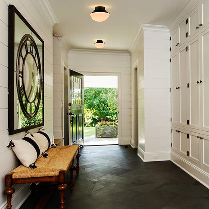 Modern Matte Black Semi Flush Mount Ceiling Light Fixture Industrial Metal Round Bowl Shape Milk Glass Light Fixture Ceiling Mount for Bathroom Bedroom Hallway Office Living Room