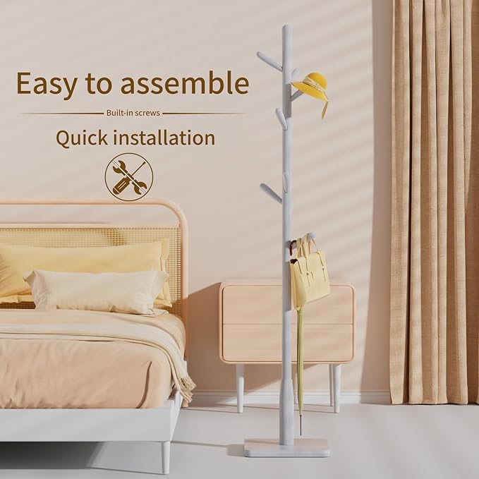 Solid Wood Square Base Coat Rack, Free Standing Hall Coat Tree with 8 Hooks（+2 spare for Coats, Hats, Bags, Purses, for Entryway, Hallway, Rubberwood Hooks,Base and Pole,(Square Base, White)