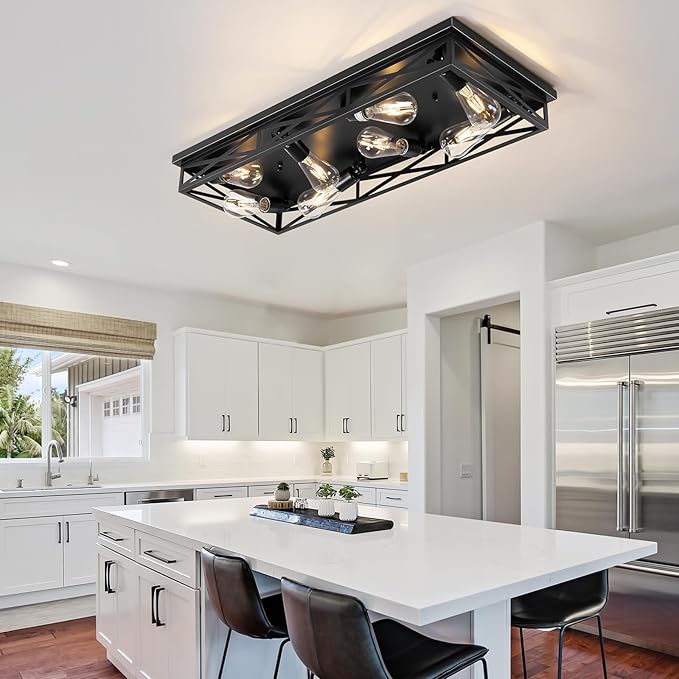 8-Light Large Flush Mount Ceiling Light Fixture, 31" Black Hallway Light, Metal Cage Closed to Ceiling Mounted Lights, Farmhouse Flush Mount Light Fixture for Bedroom Kitchen Hallway Entryway