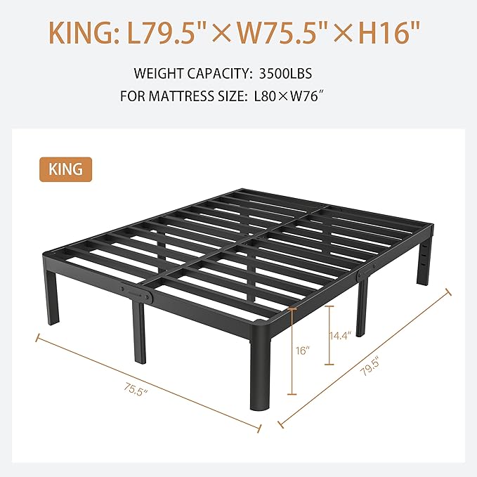King Size Bed Frames 16 Inch, Metal Black King Bed Frame No Box Spring Needed, DIY Headboard Holes, Heavy Duty Steel Support 3500 LBS, Noiseless, Round Corner Leg, Storage Space, Easy Assembly