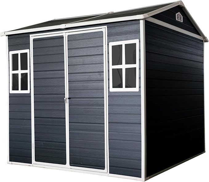 8x6 FT Outdoor Storage Resin Shed with Floor, Plastic Garden Bike Shed with Sloped Roof, Lockable Door & Windows, Easy to Assemble Tool Shed for Lawn, Backyard, Patio, Black