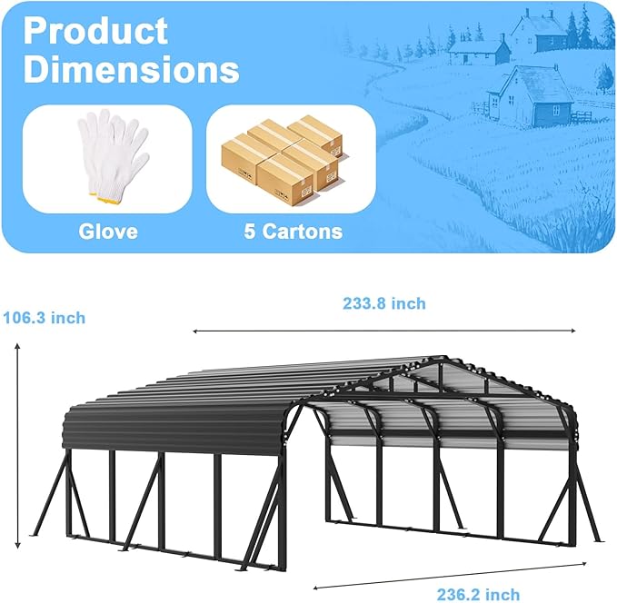 20x20FT Heavy Duty Metal Carport - Reinforced Galvanized Carport Canopy for All-Weather Shelter, Enhanced Wind Resistance for Boats, Cars, Trucks, and Tractors