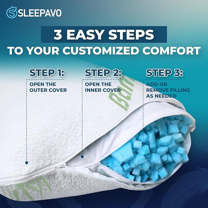 Sleepavo Adjustable Cooling Pillows Queen Size Set of 2 Pack - Extra Soft Shredded Memory Foam Best Pillows for Sleeping - Back, Stomach, Side Sleeper Pillow Medium Firm - Rayon Derived from Bamboo