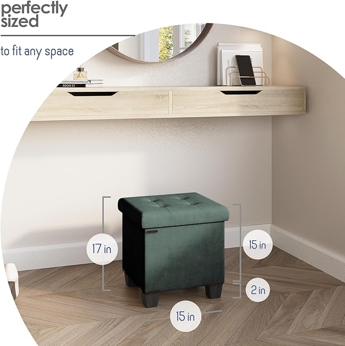 STORAGEBUD Storage Ottoman Cube with Small Bin, 15-in Square Ottoman with Storage for Living Room and Bedroom, Small Ottomans Foot Rest, Velvet Foot Stools Ottomans Max 330lbs, Green