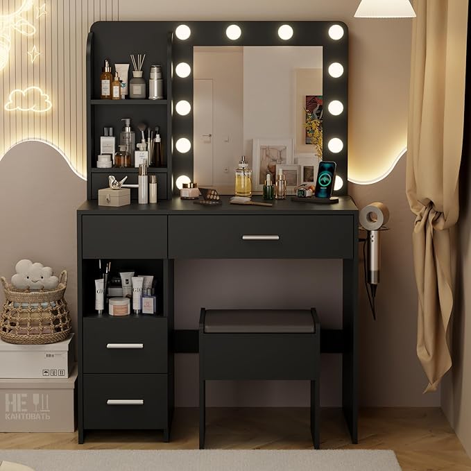 Vanity Desk with LED Lighted Mirror&Power Outlet, 3 Lighting Colors Makeup Vanity Desk with 5 Large Drawers and 3 Storage Shelves, Black Vanity Dresser with Storage Stool for Bedroom