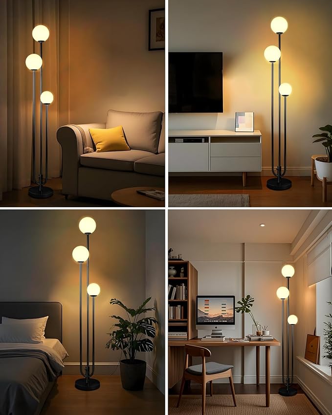 Lightdot 63IN Black Floor Lamp Dimmable with Candle Holder Style Mid Century Standing Lamps with 3 3000K Soft Warm White Bulbs Included, Modern Globe Floor Lamp for Living Room/Wedding