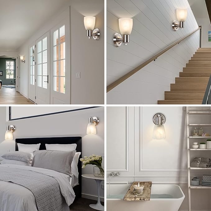Wall Sconces Set of 2, Brushed Nickel Vanity Lights for Bathroom, Modern Wall Light Fixtures with Rotary Switch, Wall Mount Light with Frosted Glass, Farmhouse Wall Lamp for Bedroom Living Room