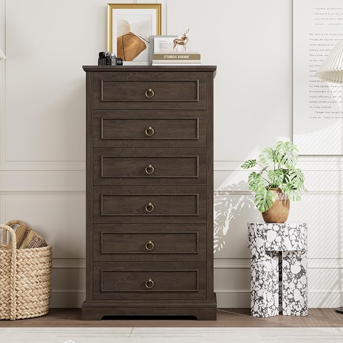 HOSTACK 6 Drawer Dresser for Bedroom, 52" Tall Dresser, Modern Farmhouse Vertical Chest of Drawers for Bedroom, Wooden Closet Chest, Wood Storage Cabinet for Living Room, Entryway, Dark Brown