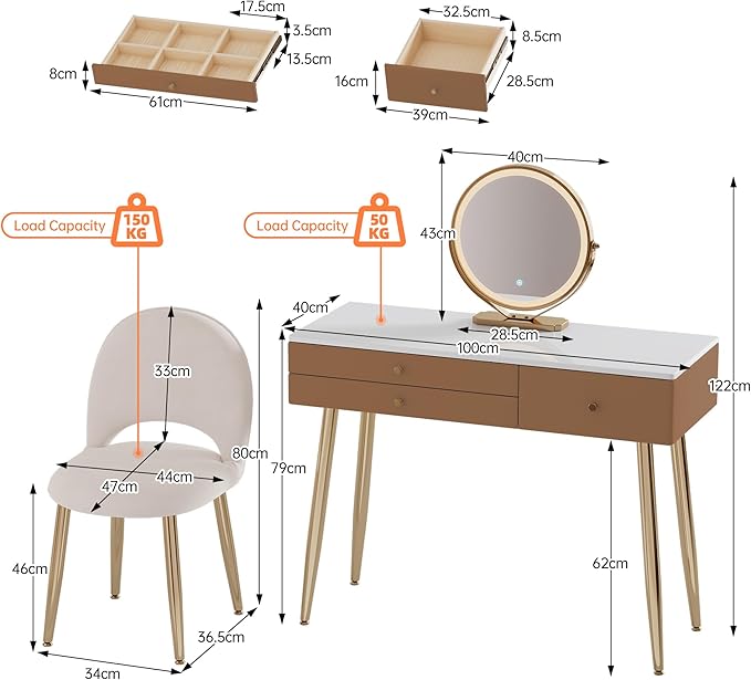 Modern Vanity Desk with Mirror and Lights| 39" Khaki Makeup Vanity Set with Adjustable Chair & Drawers| White and Gold Dressing Table for Small Spaces & Bedroom