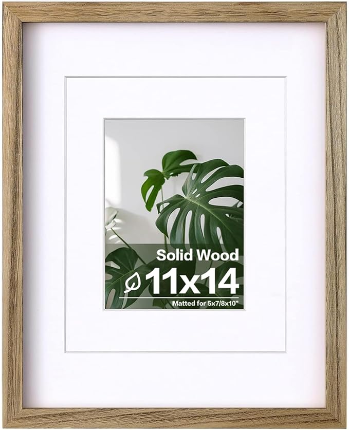 Egofine 11x14 Picture Frame with Plexiglass Made of Solid Wood, Display Pictures 5x7/8x10 with Mat or 11x14 Without Mat for Tabletop and Wall Mounting, Carbonized Brown