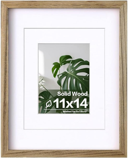 Egofine 11x14 Picture Frame with Plexiglass Made of Solid Wood, Display Pictures 5x7/8x10 with Mat or 11x14 Without Mat for Tabletop and Wall Mounting, Carbonized Brown