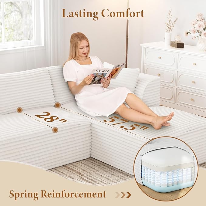 Vesgantti 106" Modular Sectional Sofa with Chaise, Deep Seat Comfy Cloud Couch Corduroy L Shaped Sofa Sectional Couches for Living Room Bedroom, No Assembly Required (Beige, Right-Facing Chaise)