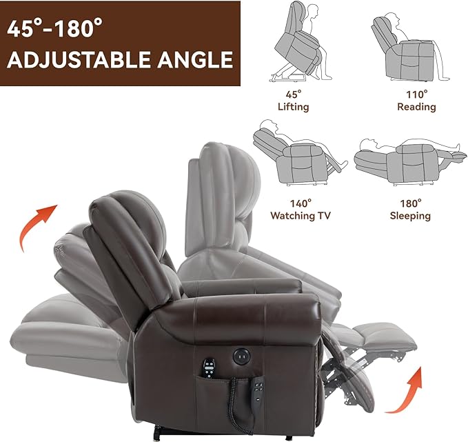 Dual Motor Power Lift Chair, Lay Flat Recliner Chair, Electric Recliner with Massage and Heat for Elderly, Remote Control, Infinite Position, Standing Assistance, USB Ports, Genuine Leather, Brown